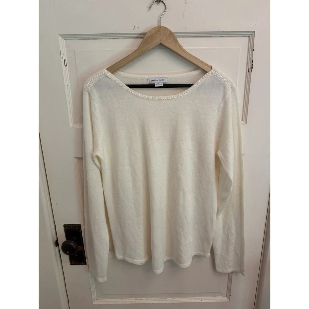 Liz Claiborne Women's Ivory Boatneck Beaded Acrylic Knit Sweater Size Large